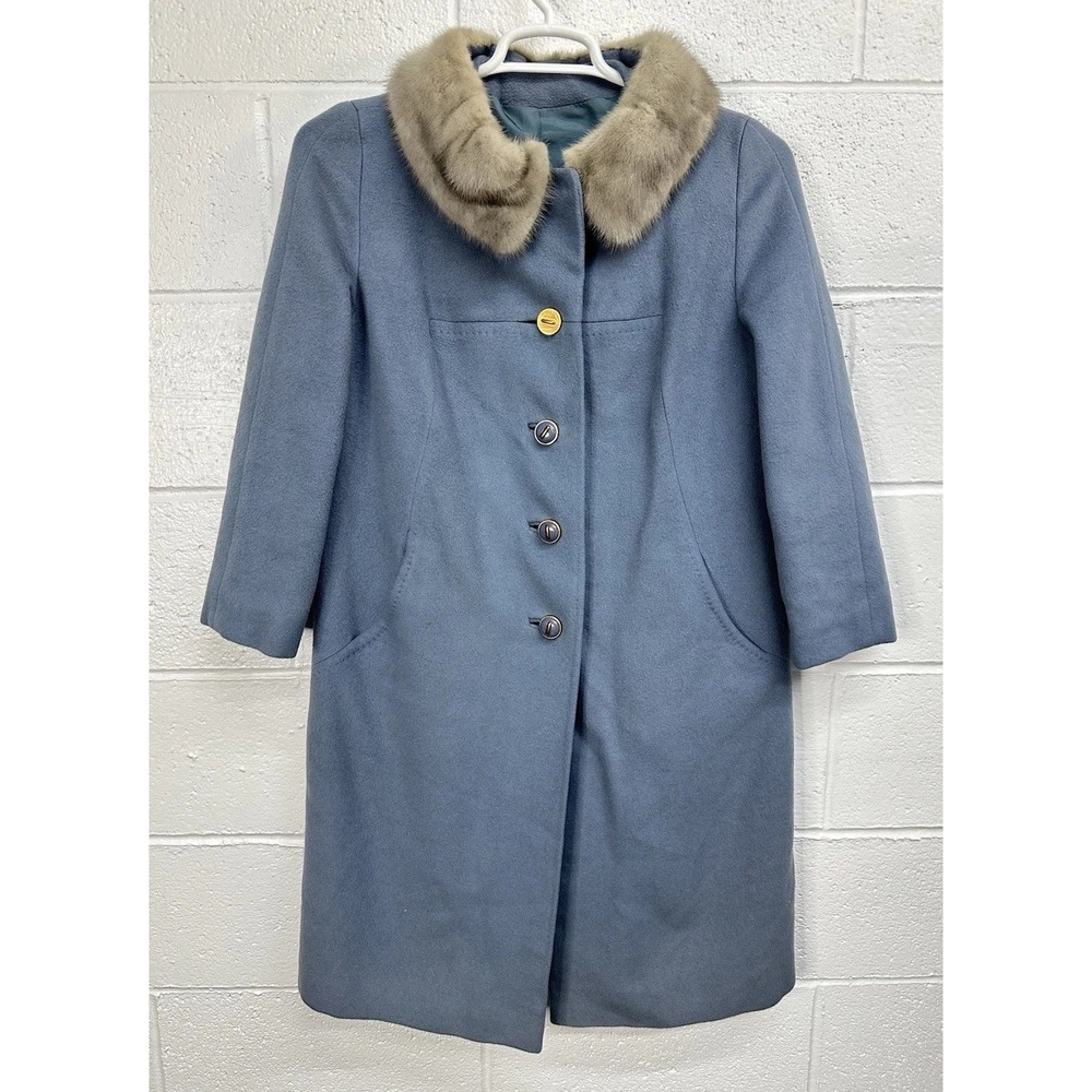 Vintage JJ O'Donnell Woman's Medium Blue 100% Cashmere Over Coat w/ Fur Collar